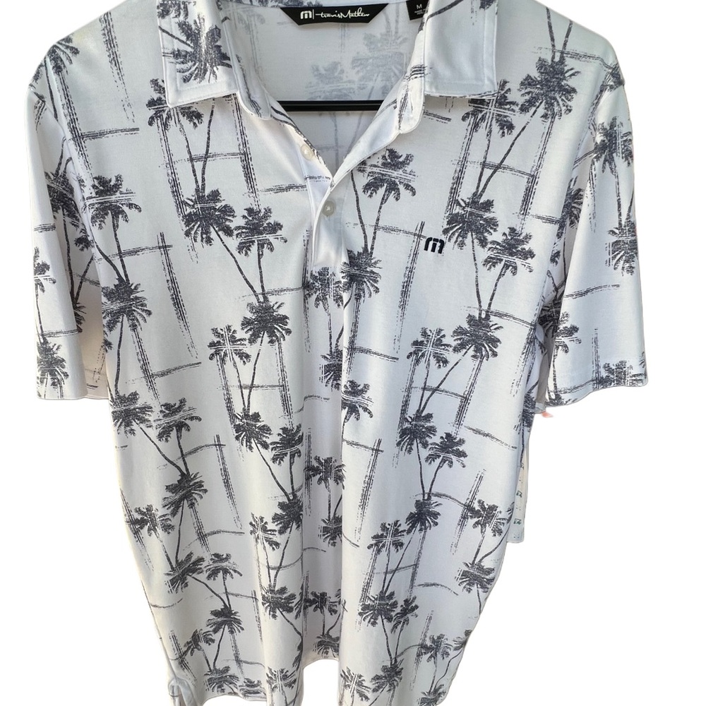 Travis Mathew White and Black Palm Print Polo